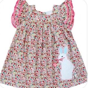 Girls Pink Floral Casual Dress with Bunny Applique